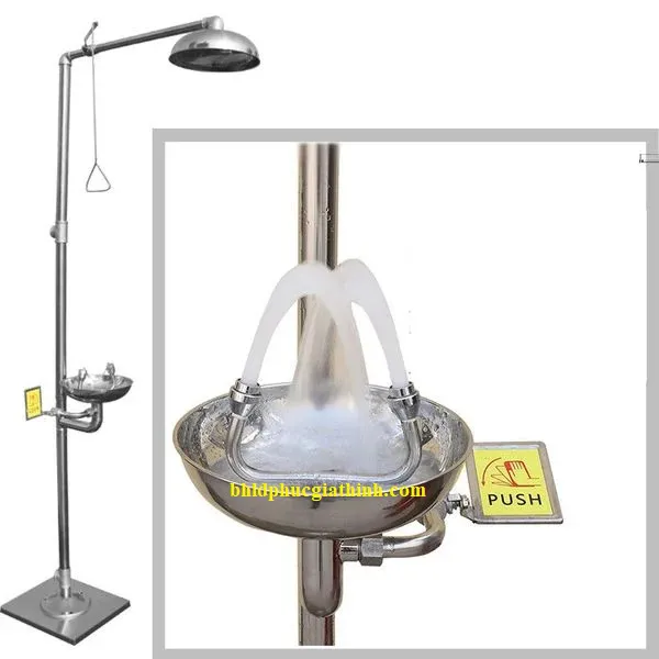 Bồn rửa mắt khẩn cấp kết hợp vòi sen tắm khẩn cấp có chân đạp bằng Inox 304 không rỉ