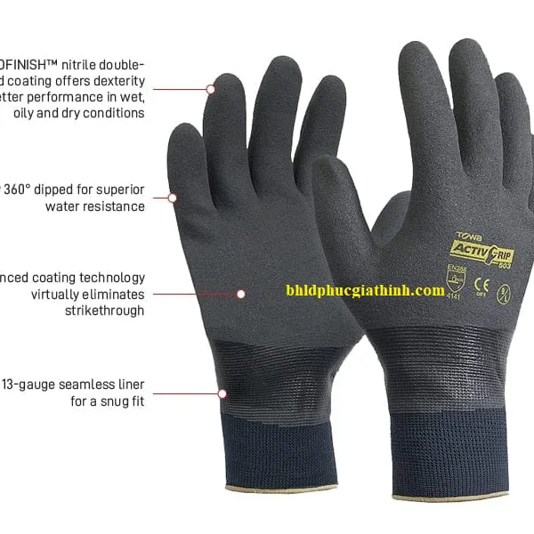 Găng tay đa năng nhúng Nitrile chống dầu Towa Activgrip 503