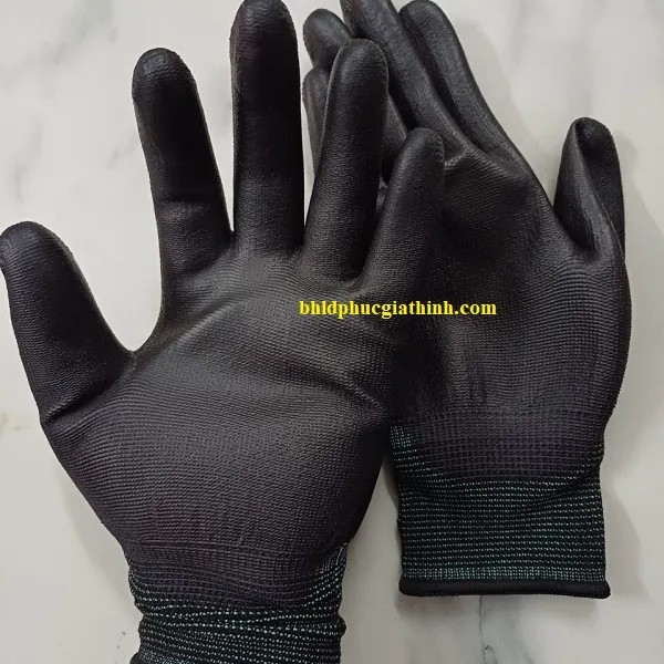 Găng tay sợi Polyester phủ PU lòng bàn tay màu đen chống tĩnh điện