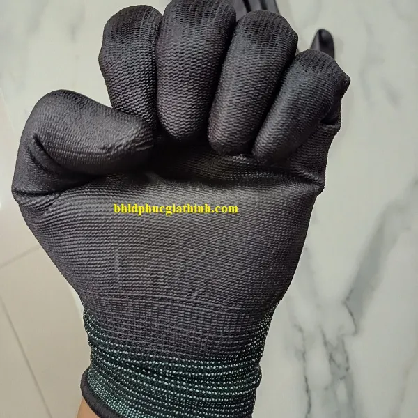 Găng tay sợi Polyester phủ PU lòng bàn tay màu đen chống tĩnh điện