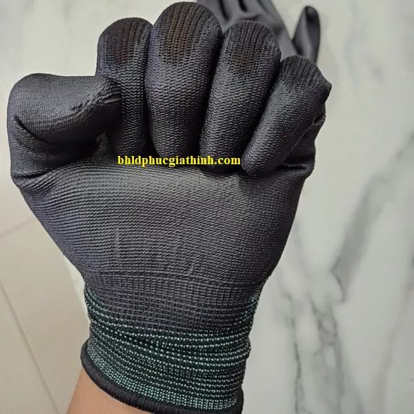 Găng tay sợi Polyester phủ PU lòng bàn tay màu đen chống tĩnh điện