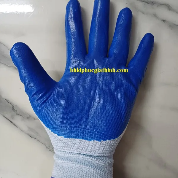 Găng tay sợi Polyester phủ sơn xanh lòng bàn tay