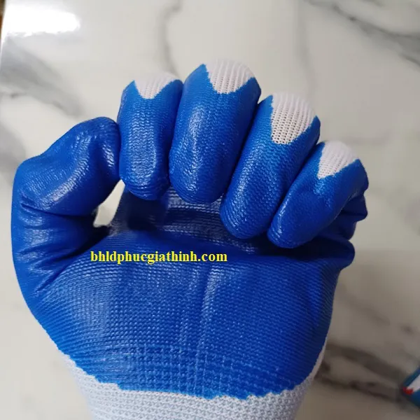 Găng tay sợi Polyester phủ sơn xanh lòng bàn tay