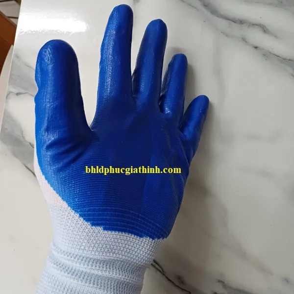 Găng tay sợi Polyester phủ sơn xanh lòng bàn tay