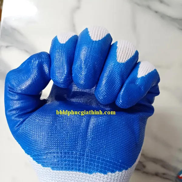 Găng tay sợi Polyester phủ sơn xanh lòng bàn tay