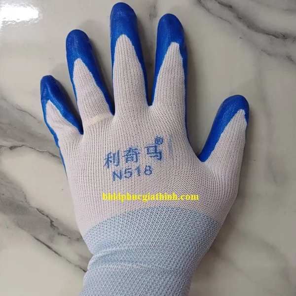 Găng tay sợi Polyester phủ sơn xanh lòng bàn tay