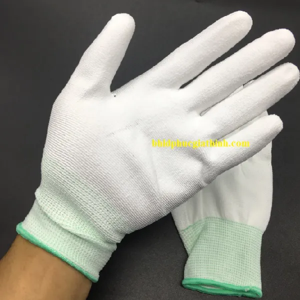 Găng tay sợi Polyester phủ PU bàn chống tĩnh điện màu trắng