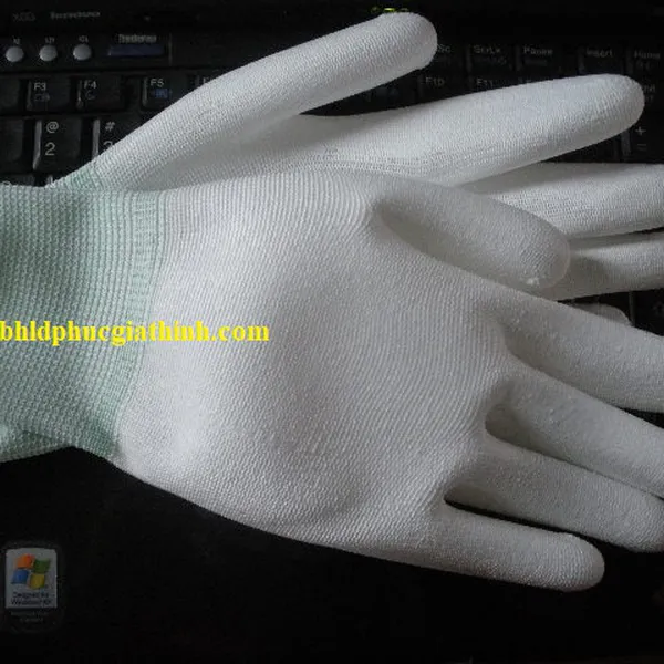 Găng tay sợi Polyester phủ PU bàn chống tĩnh điện màu trắng
