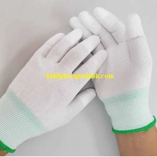 Găng tay sợi Polyester phủ PU ngón chống tĩnh điện màu trắng