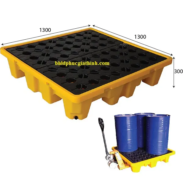 Pallet nhựa chống tràn dầu và hoá chất 4 phuy kích thước 1300x1300x300mm