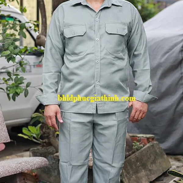 Quần áo bảo hộ màu xám nhạt vải kaki chéo 2-1 poly cao cấp