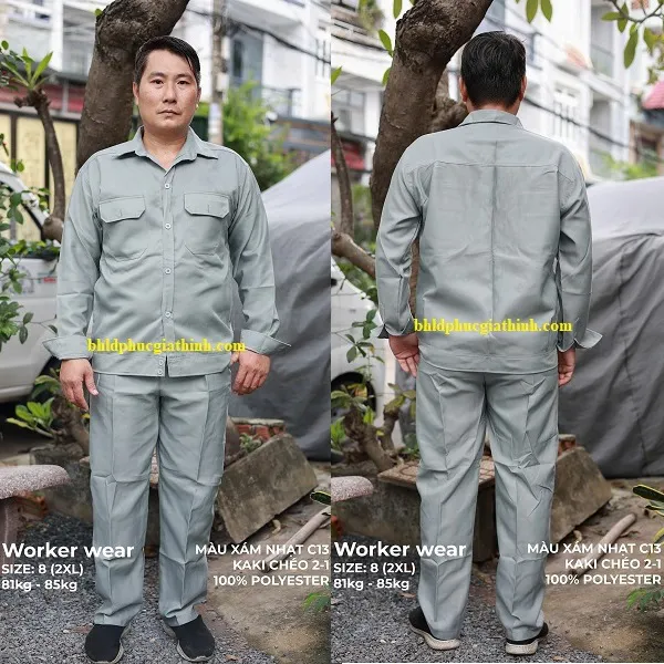 Quần áo bảo hộ màu xám nhạt vải kaki chéo 2-1 poly cao cấp