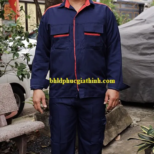 Quần áo bảo hộ màu xanh đen phối đỏ vải kaki chéo 2-1 poly cao cấp