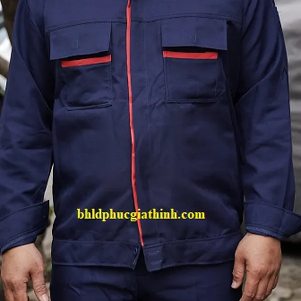 Quần áo bảo hộ màu xanh đen phối đỏ vải kaki chéo 2-1 poly cao cấp