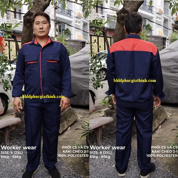 Quần áo bảo hộ màu xanh đen phối đỏ vải kaki chéo 2-1 poly cao cấp