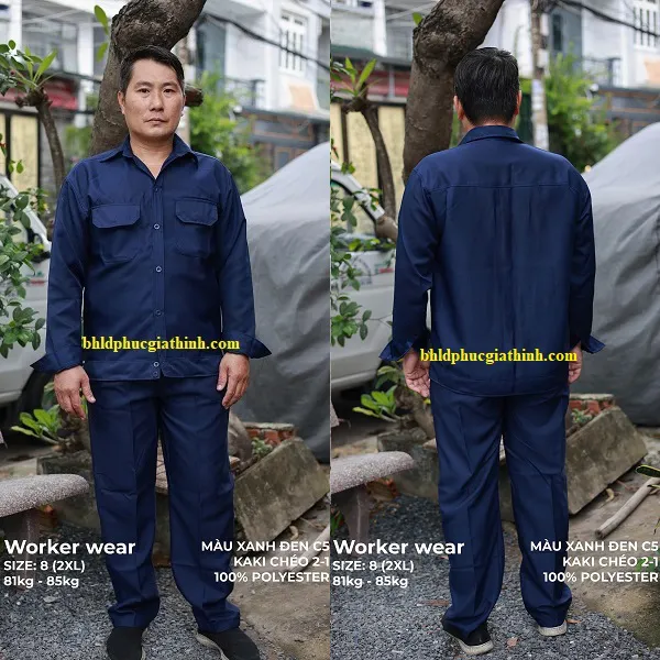 Quần áo bảo hộ màu xanh đen vải kaki chéo 2-1 poly cao cấp