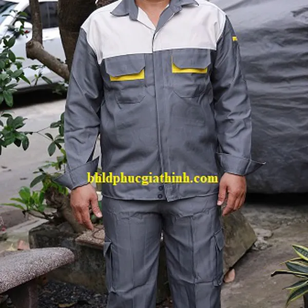 Quần áo bảo hộ phối màu xám trắng vải Kaki chéo 2-1 Poly cao cấp