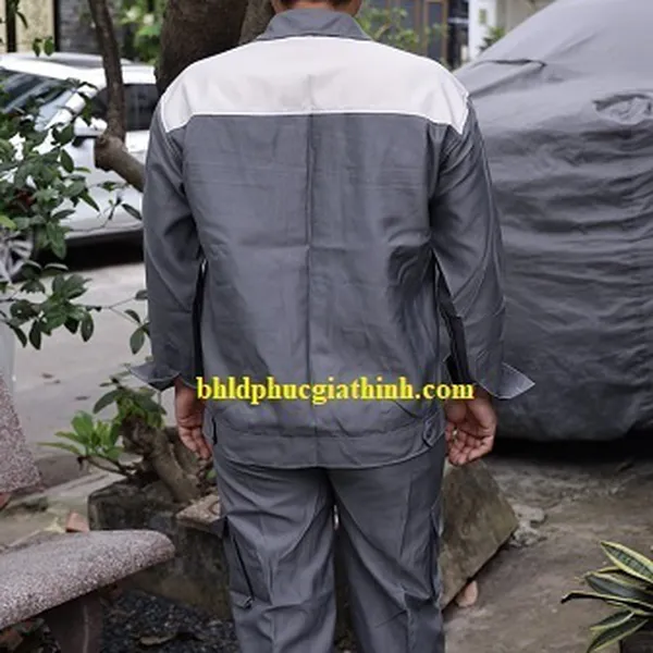 Quần áo bảo hộ phối màu xám trắng vải Kaki chéo 2-1 Poly cao cấp