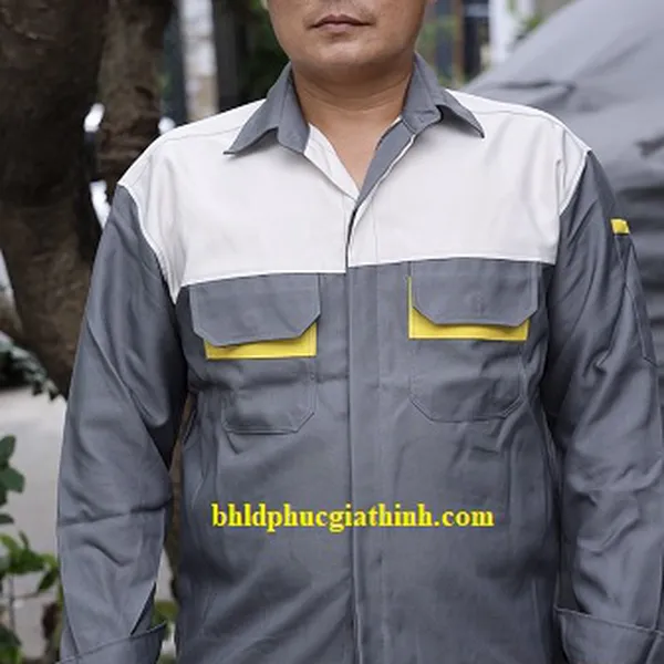 Quần áo bảo hộ phối màu xám trắng vải Kaki chéo 2-1 Poly cao cấp