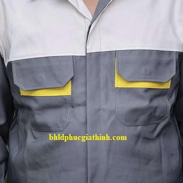 Quần áo bảo hộ phối màu xám trắng vải Kaki chéo 2-1 Poly cao cấp