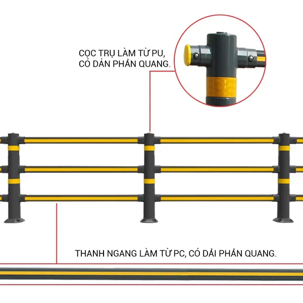 Rào phân làn 3 thanh phản quang L2.000xW200xH950mm có thể lắp đặt nối tiếp