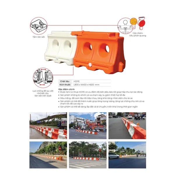 Rào phân làn đường đổ nước chất liệu HDPE kích thước L800 x W450 x H600
