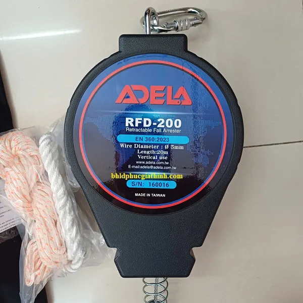 Thiết bị hãm tự động chống rơi dài 20m Adela RFD-200 dây cáp thép 5mm