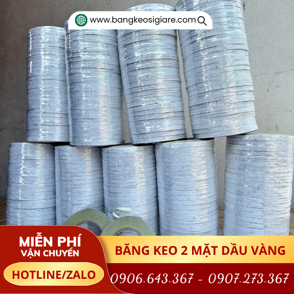Băng keo 2 mặt dầu vàng đóng thành từng cuộn tiện lợi Băng keo 2 mặt dầu vàng đóng thành từng cuộn tiện lợi
