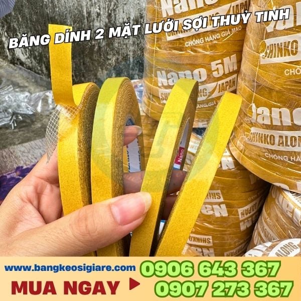 băng keo 2 mặt lưới dán sàn siêu chắc giá sỉ Băng dính 2 mặt lưới sợi thuỷ tinh size 1cm