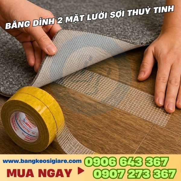 băng keo 2 mặt lưới dán sàn siêu chắc giá sỉ Băng dính 2 mặt lưới sợi thuỷ tinh ứng dụng dán sàn thảm lên sàn nhà