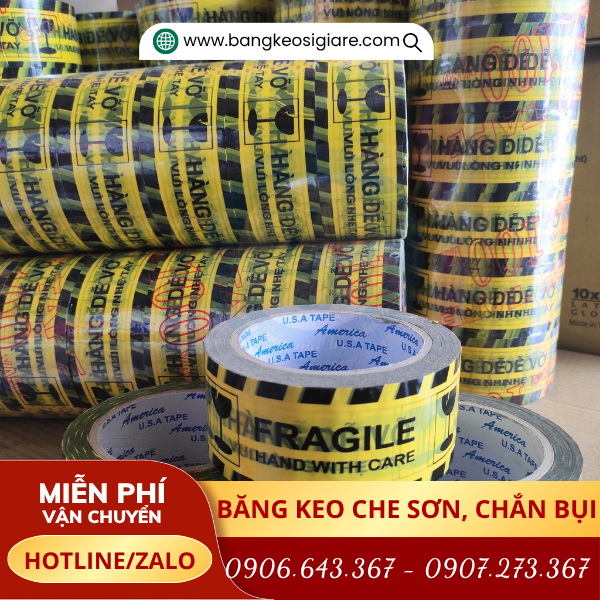 Băng keo in chữ hàng dễ vỡ nền vàng 4f8 Băng keo in chữ hàng dễ vỡ nền vàng 4f8