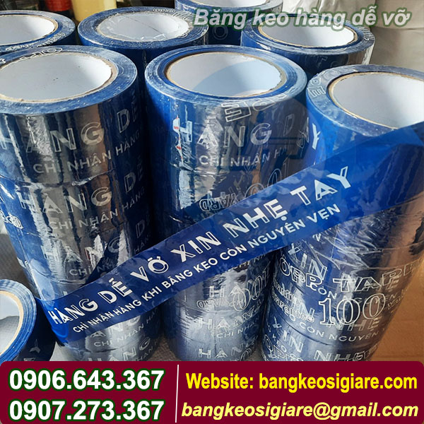 ĐẶT IN BĂNG KEO HÀNG DỄ VỠ THÔNG DỤNG GIÁ RẺ băng keo hàng dễ vỡ nền xanh chữ trắng