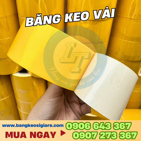Băng keo vải giá sỉ nhiều màu, có vân dễ xé bằng tay Băng keo vải vàng có lớp keo bám dính và bề mặt bóng nhẹ