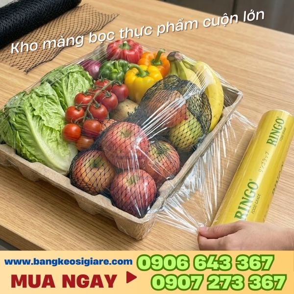 Kho sỉ màng bọc thực phẩm cuộn lớn giá rẻ cho nhà hàng và bếp ăn Màng bọc Ringo bọc rau củ, trái cây