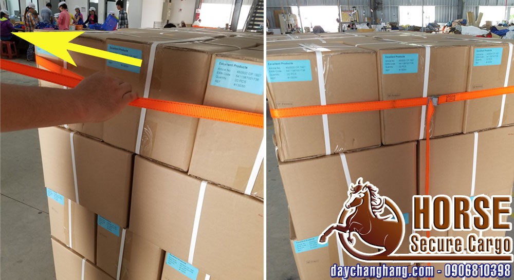 Thay thế màng màng PE quấn pallet bằng dây chằng khóa cam Thay thế màng màng PE quấn pallet bằng dây chằng khóa cam