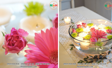 Bạn có thể sử dụng bất kì loại hoa yêu thích nào như hoa hồng nhỏ, cúc xanh, cúc Gerbera lớn để trang trí bát nến độc đáo này Bạn có thể sử dụng bất kì loại hoa yêu thích nào như hoa hồng nhỏ, cúc xanh, cúc Gerbera lớn để trang trí bát nến độc đáo này
