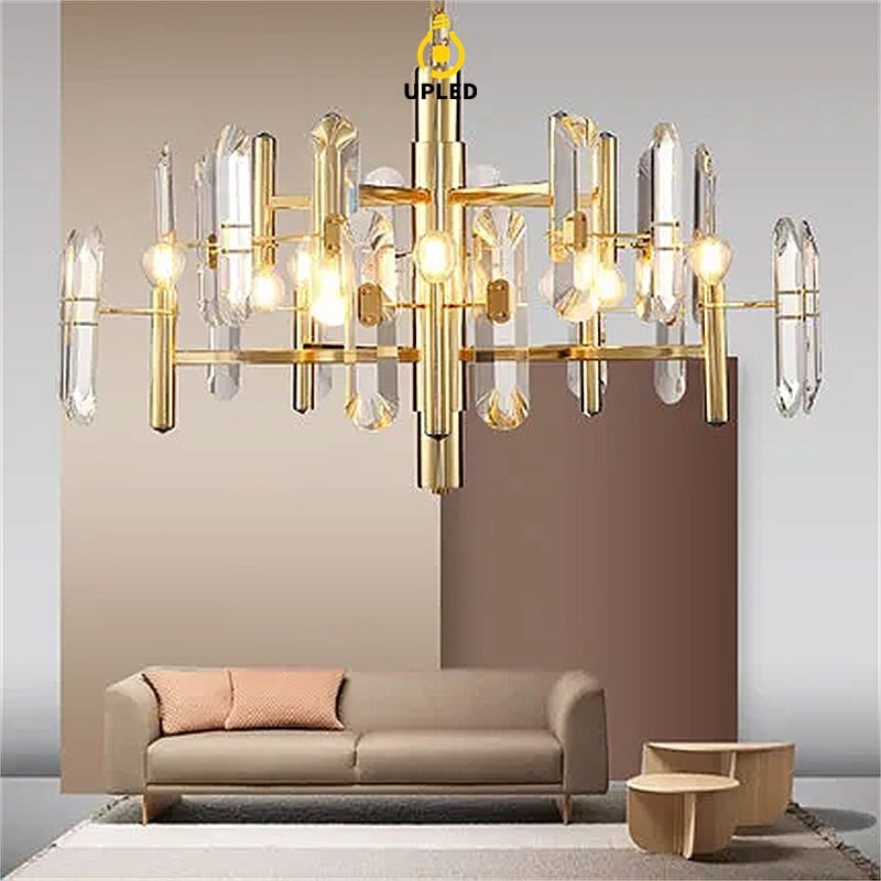 Đèn chùm pha lê K9 10 bóng E14 màu vàng gold 80x45cm