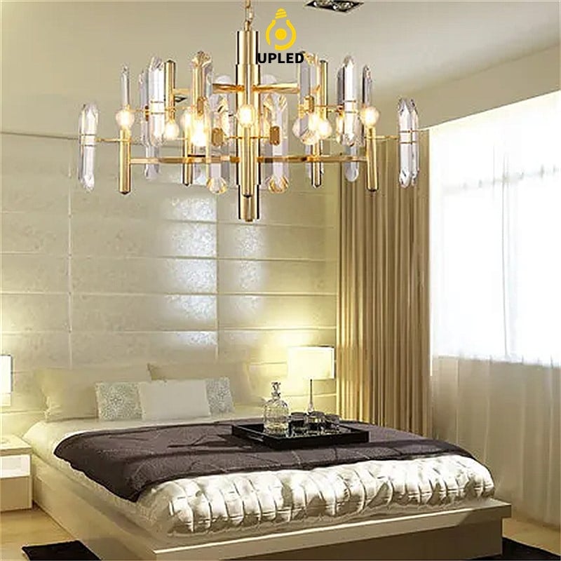Đèn chùm pha lê K9 10 bóng E14 màu vàng gold 80x45cm