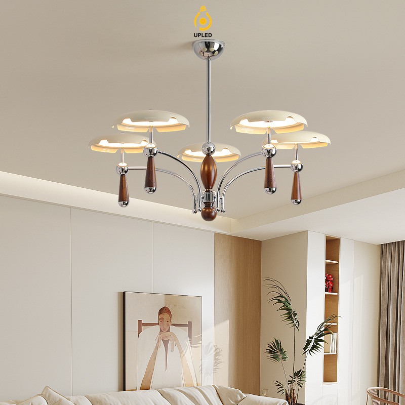Đèn chùm đĩa acrylic kem thân gỗ phong cách Ý