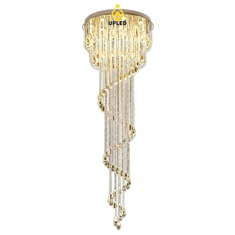 Đèn chùm pha lê xoắn kép khung inox cho cầu thang, sảnh thông tầng