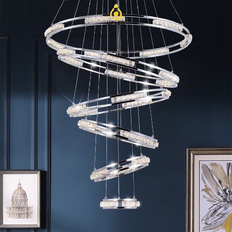 Đèn chùm vòng pha lê K9 đổ tầng, tùy chỉnh 1–5 vòng cho cầu thang
