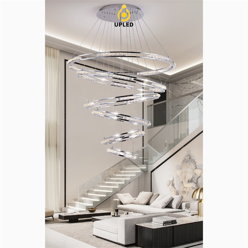 Đèn chùm vòng pha lê K9 đổ tầng, tùy chỉnh 1–5 vòng cho cầu thang