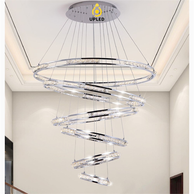 Đèn chùm vòng pha lê K9 đổ tầng, tùy chỉnh 1–5 vòng cho cầu thang