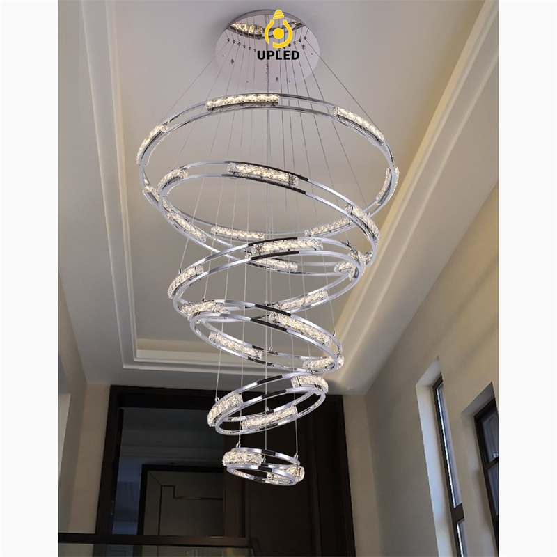 Đèn chùm vòng pha lê K9 đổ tầng, tùy chỉnh 1–5 vòng cho cầu thang
