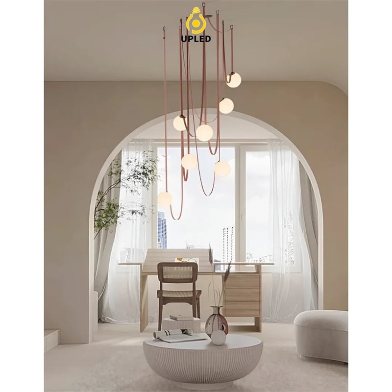 Đèn thả bóng thủy tinh thổi tay phối dây da, phong cách Bắc Âu