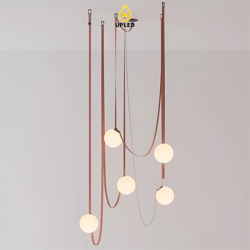 Đèn thả bóng thủy tinh thổi tay phối dây da, phong cách Bắc Âu