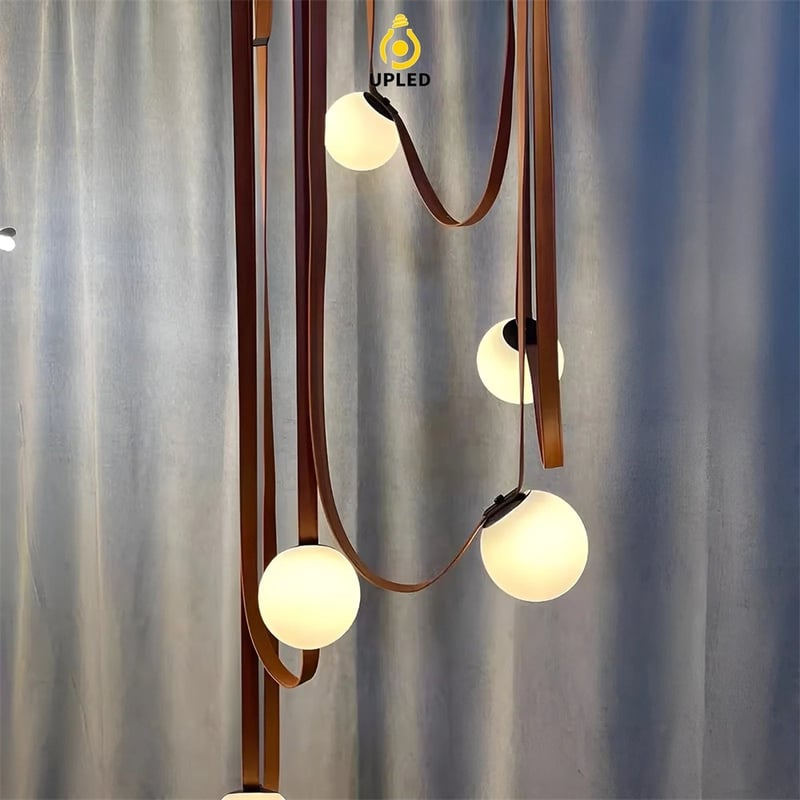 Đèn thả bóng thủy tinh thổi tay phối dây da, phong cách Bắc Âu