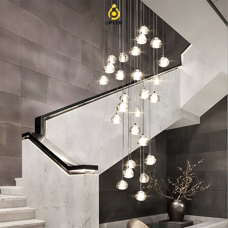 Đèn thả chuỗi pha lê khung inox, đế tròn, vuông hoặc chữ nhật cho thông tầng lớn