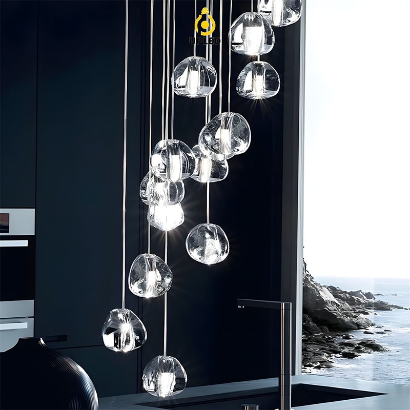 Đèn thả chuỗi pha lê khung inox, đế tròn, vuông hoặc chữ nhật cho thông tầng lớn