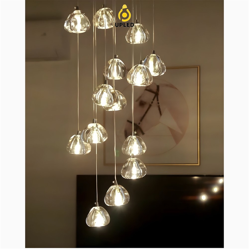 Đèn thả giọt nước thủy tinh, đế crôm, nhiều cấu hình cho cầu thang